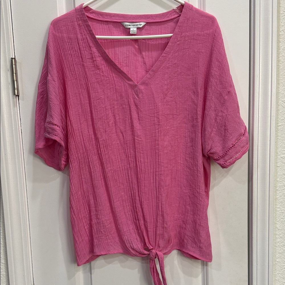Counterparts Pink V-Neck Tie-Front Blouse in bubblegum pink